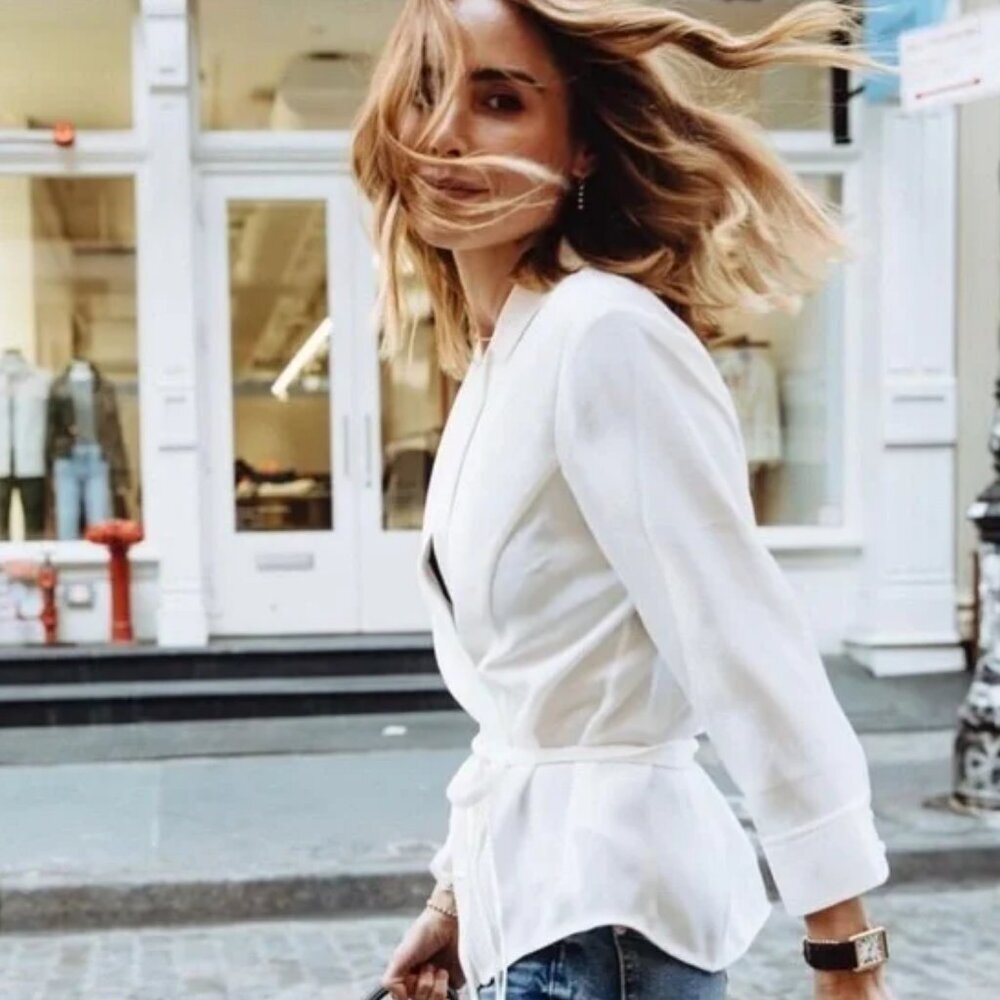 Anine Bing Ella Silk Wrap Top in White XS